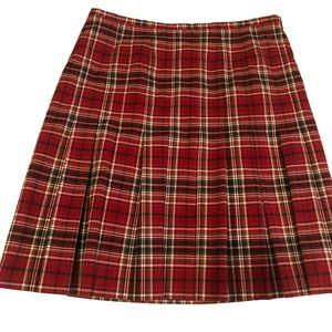 City Silk Stretch Pleated Red Plaid Skirt Sz 12 Hong Kong Vtg Tartan